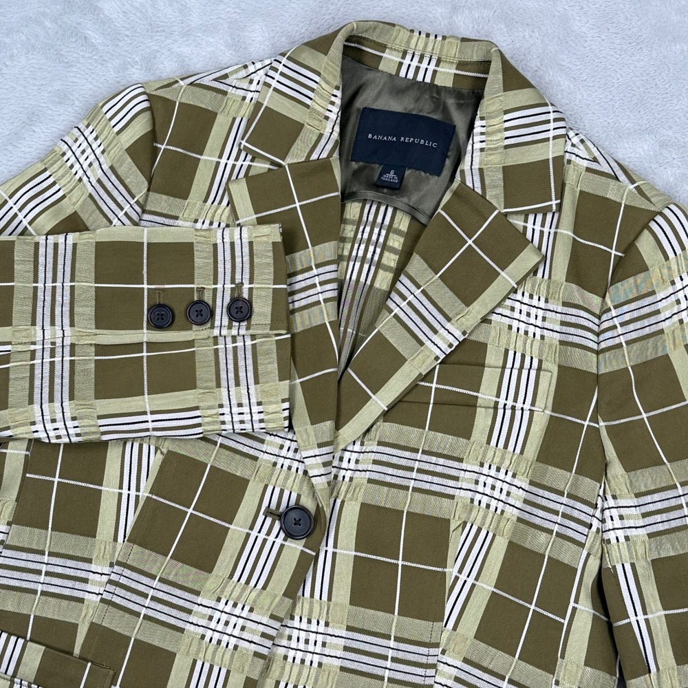 Banana Republic Y2K Blazer Women 6 Green Plaid Textured 3/4 Sleeve Single Button